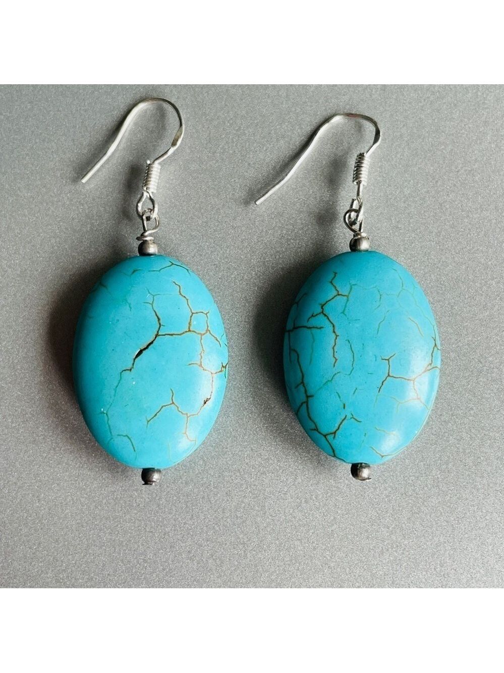 Oval Turquoise Sterling Silver Hook Dangle Earrings Boho Vintage